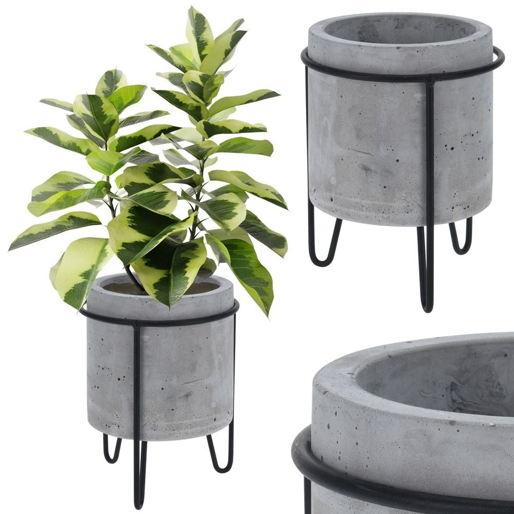 Industrial concrete pot with black metal stand