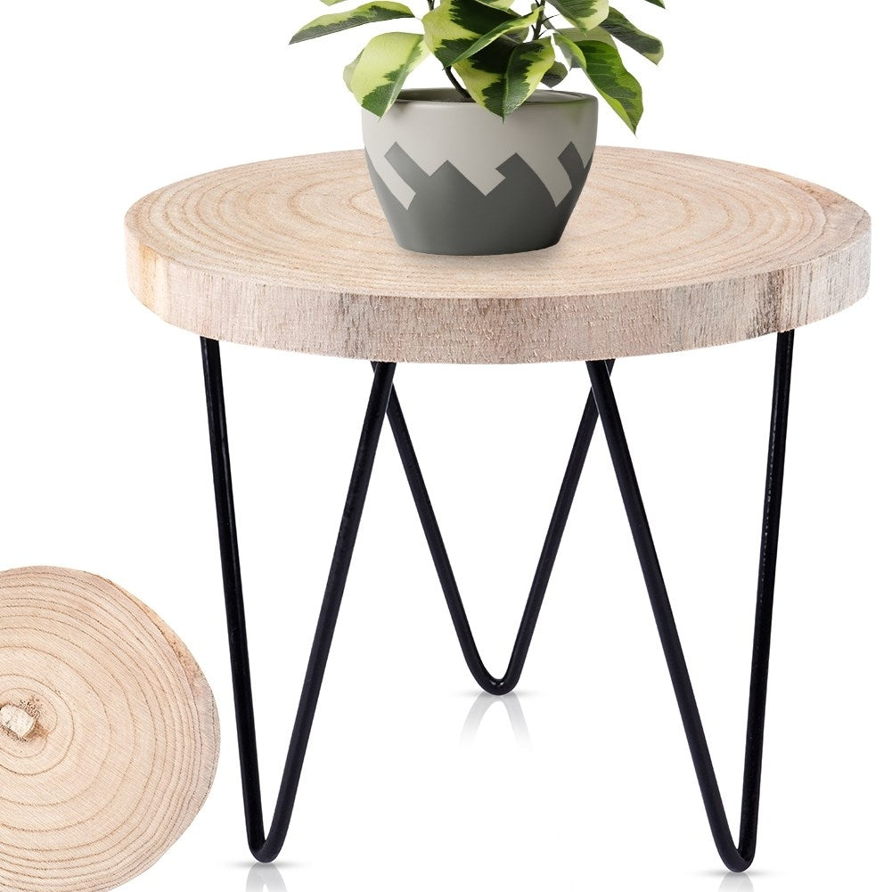 Industrial flower stand in wood and black metal for the home.