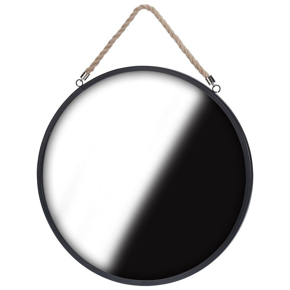 Industrial mirror with black metal frame and rope detail