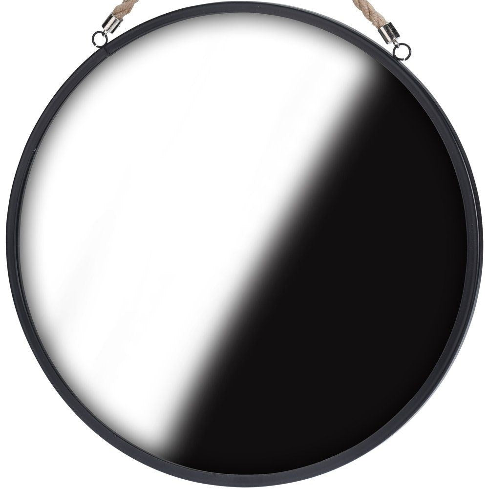 Industrial mirror with black metal frame and rope detail