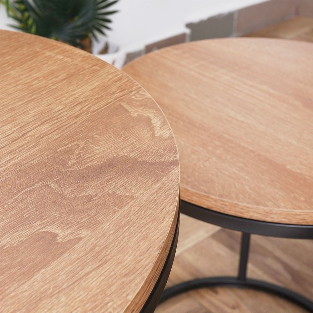 Industrial set: 2 tables in black metal and pine
