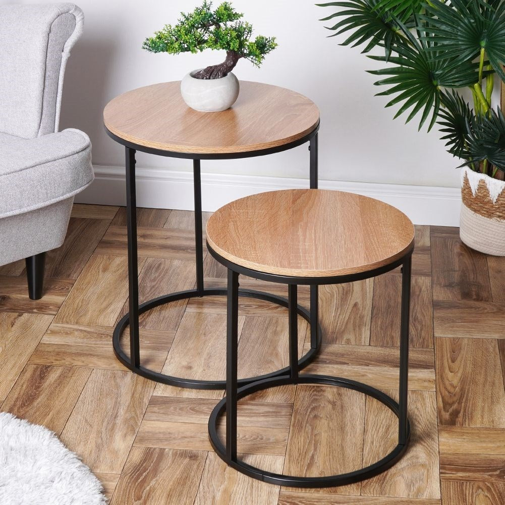 Industrial set: 2 tables in black metal and pine