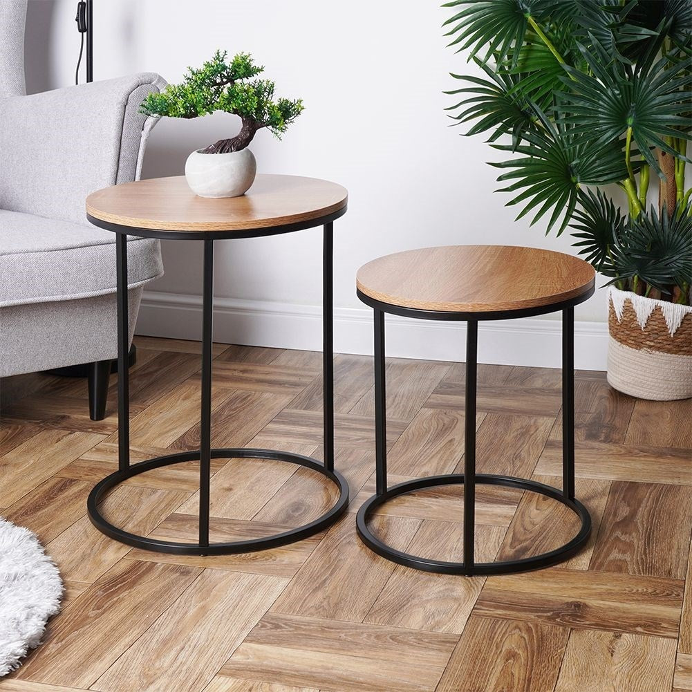 Industrial set: 2 tables in black metal and pine