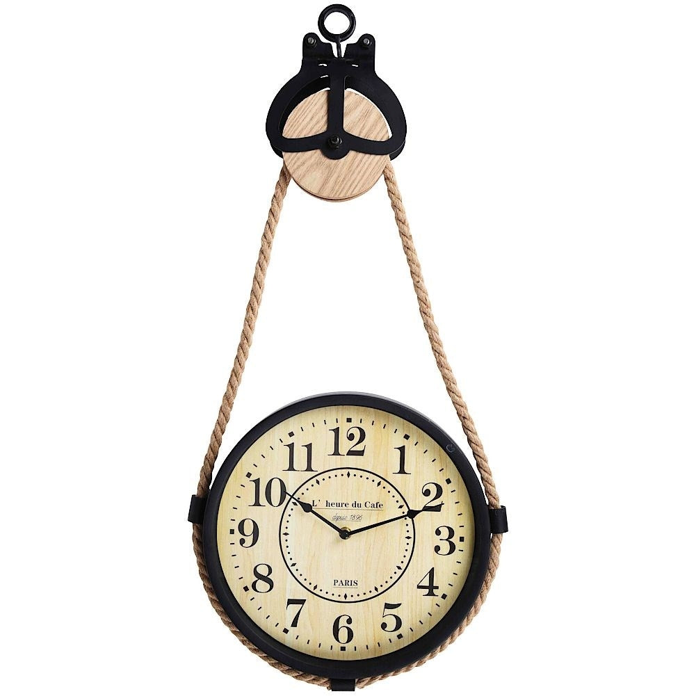 Industrial wall clock with rope suspension for modern interior design