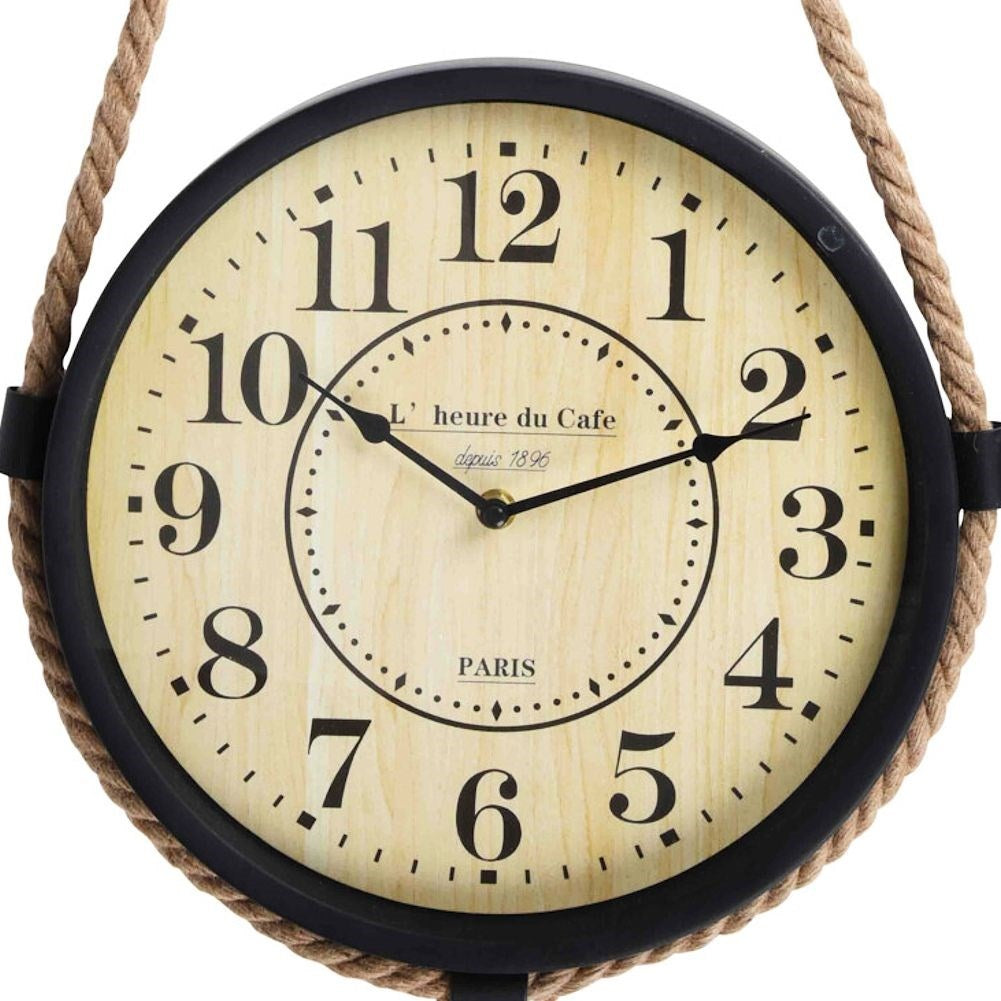 Industrial wall clock with rope suspension for modern interior design