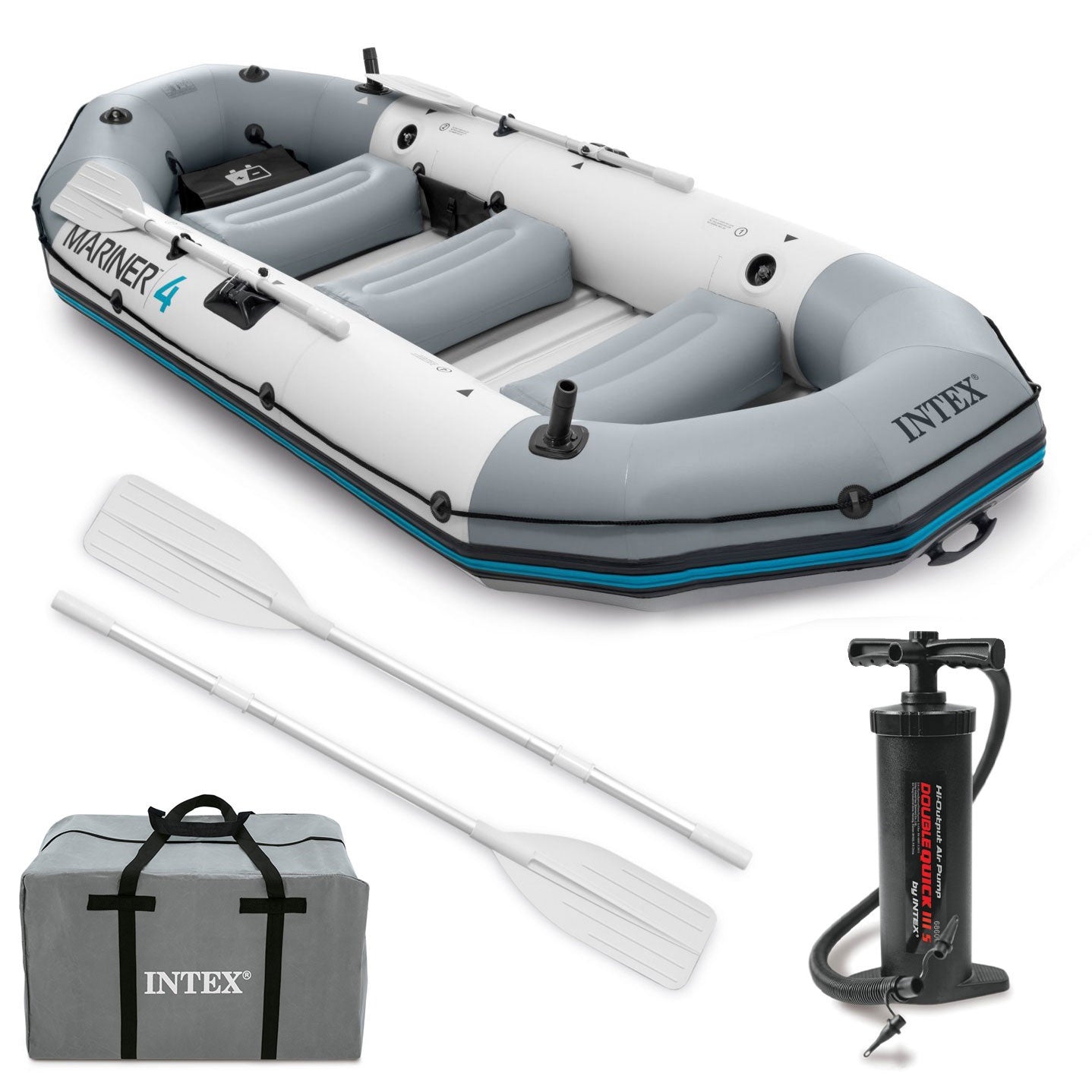 Inflatable Boat Mariner 4 for 4 People with Oars, Pump, Rod Holders and Motor Mount INTEX 68376
