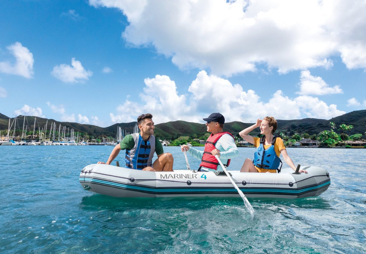Inflatable Boat Mariner 4 for 4 People with Oars, Pump, Rod Holders and Motor Mount INTEX 68376