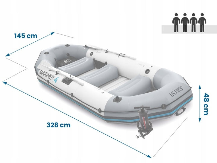 Inflatable Boat Mariner 4 for 4 People with Oars, Pump, Rod Holders and Motor Mount INTEX 68376