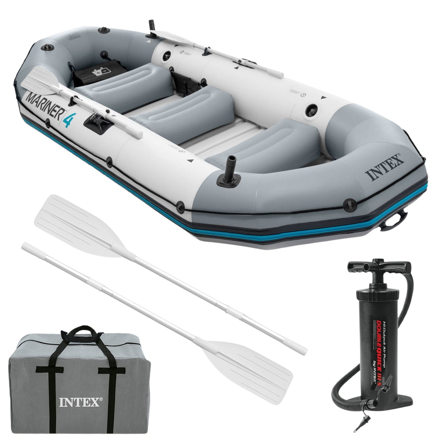 Inflatable Boat Mariner 4 for 4 People with Oars, Pump, Rod Holders and Motor Mount INTEX 68376