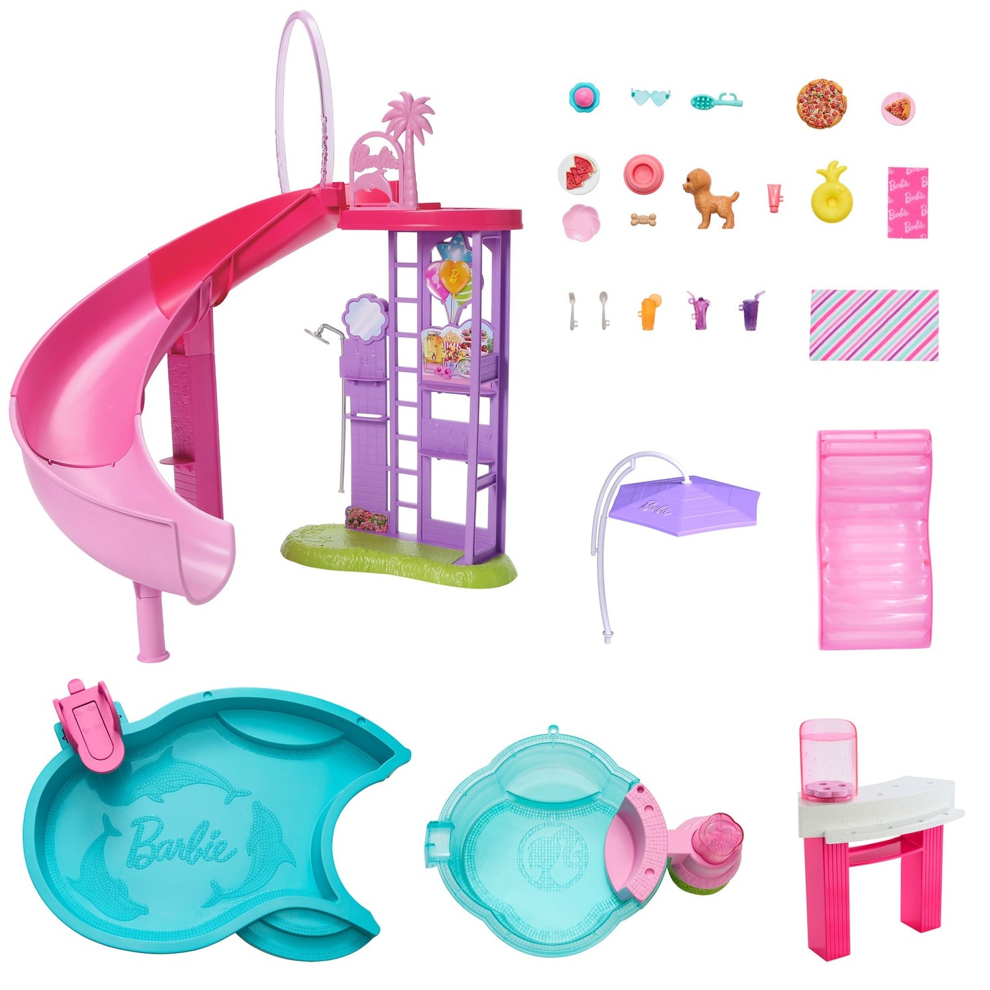Barbie Pool Playset with Slide and Hot Tub, 17 Accessories