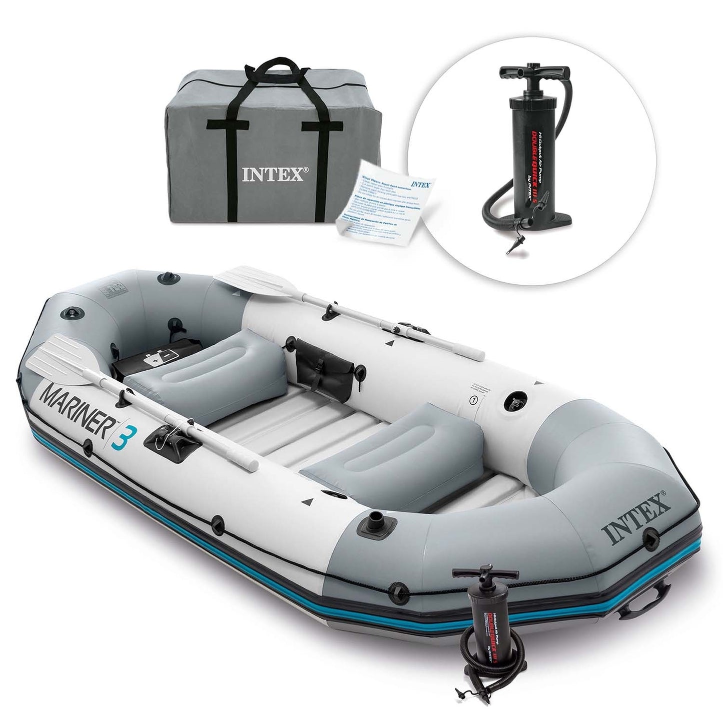 Inflatable boat Mariner 3 for 3 persons paddles pump fishing rod holders and motor mount INTEX 68373