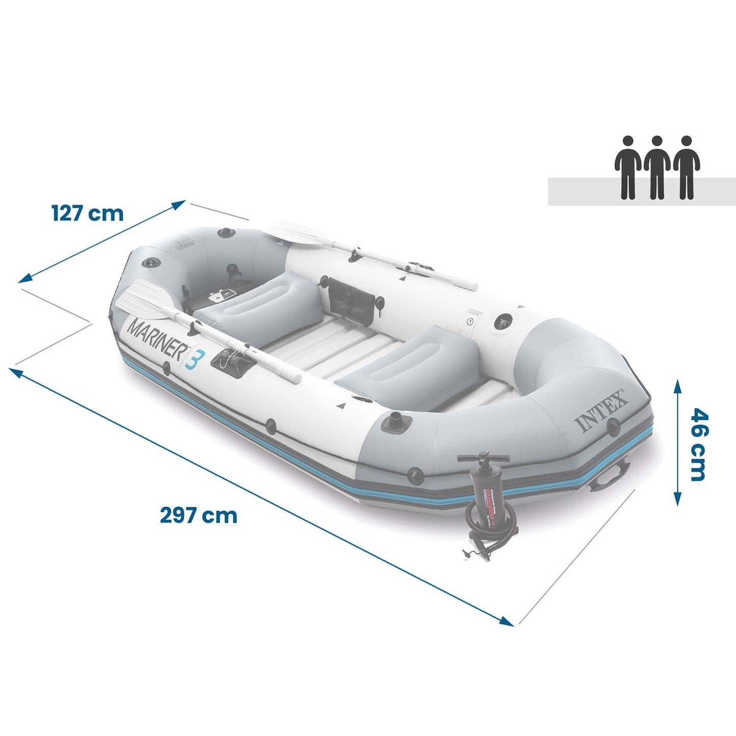 Inflatable boat Mariner 3 for 3 persons paddles pump fishing rod holders and motor mount INTEX 68373