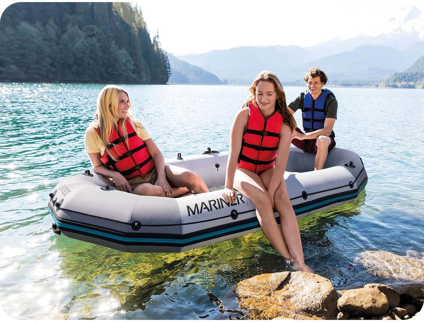 Inflatable boat Mariner 3 for 3 persons paddles pump fishing rod holders and motor mount INTEX 68373
