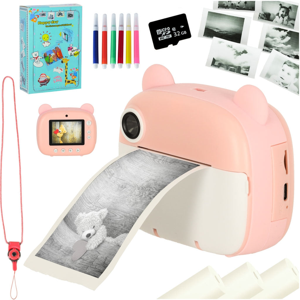 Instant camera for children teddy bear pink