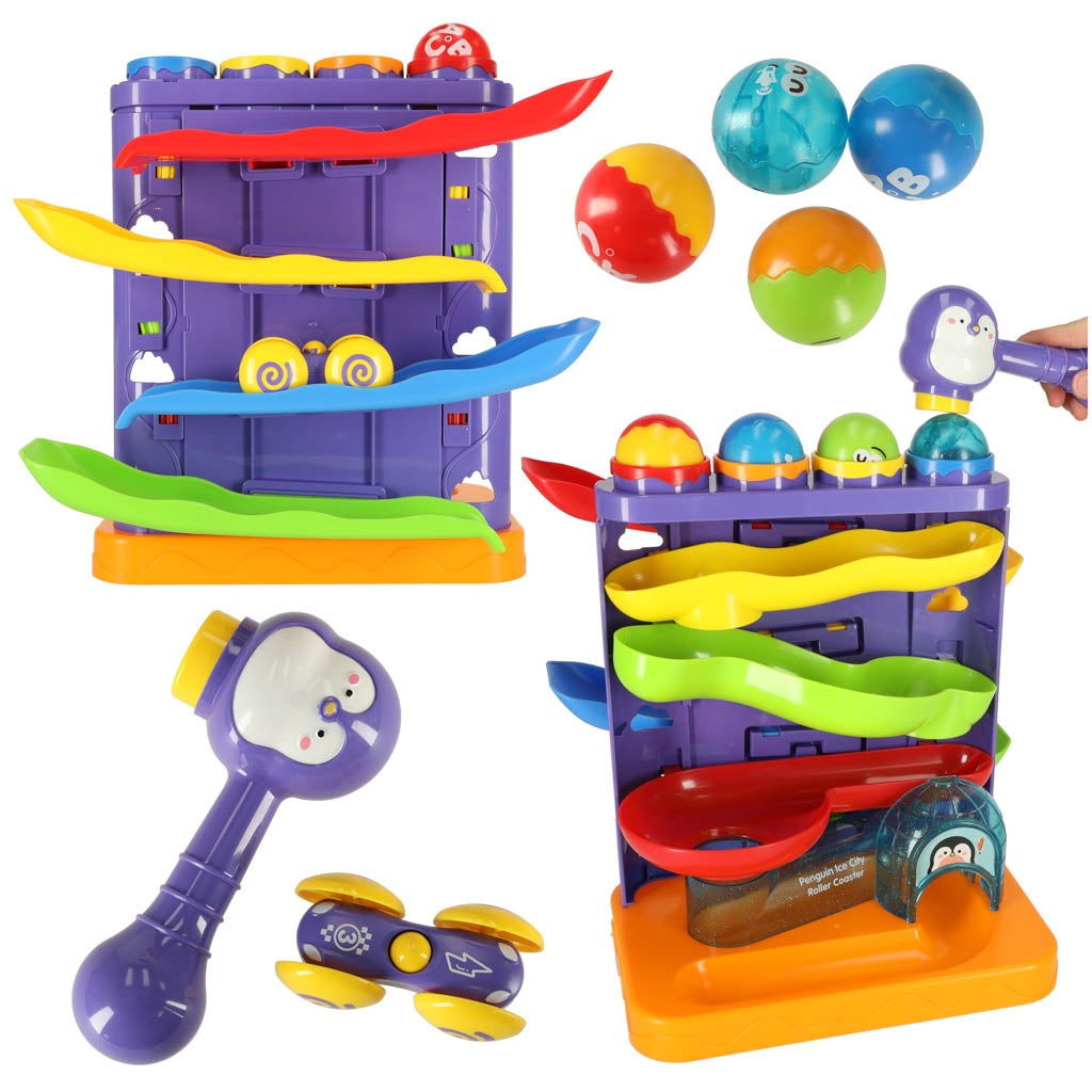 Interactive 3-in-1 ball track ball pusher with hammers penguin + car
