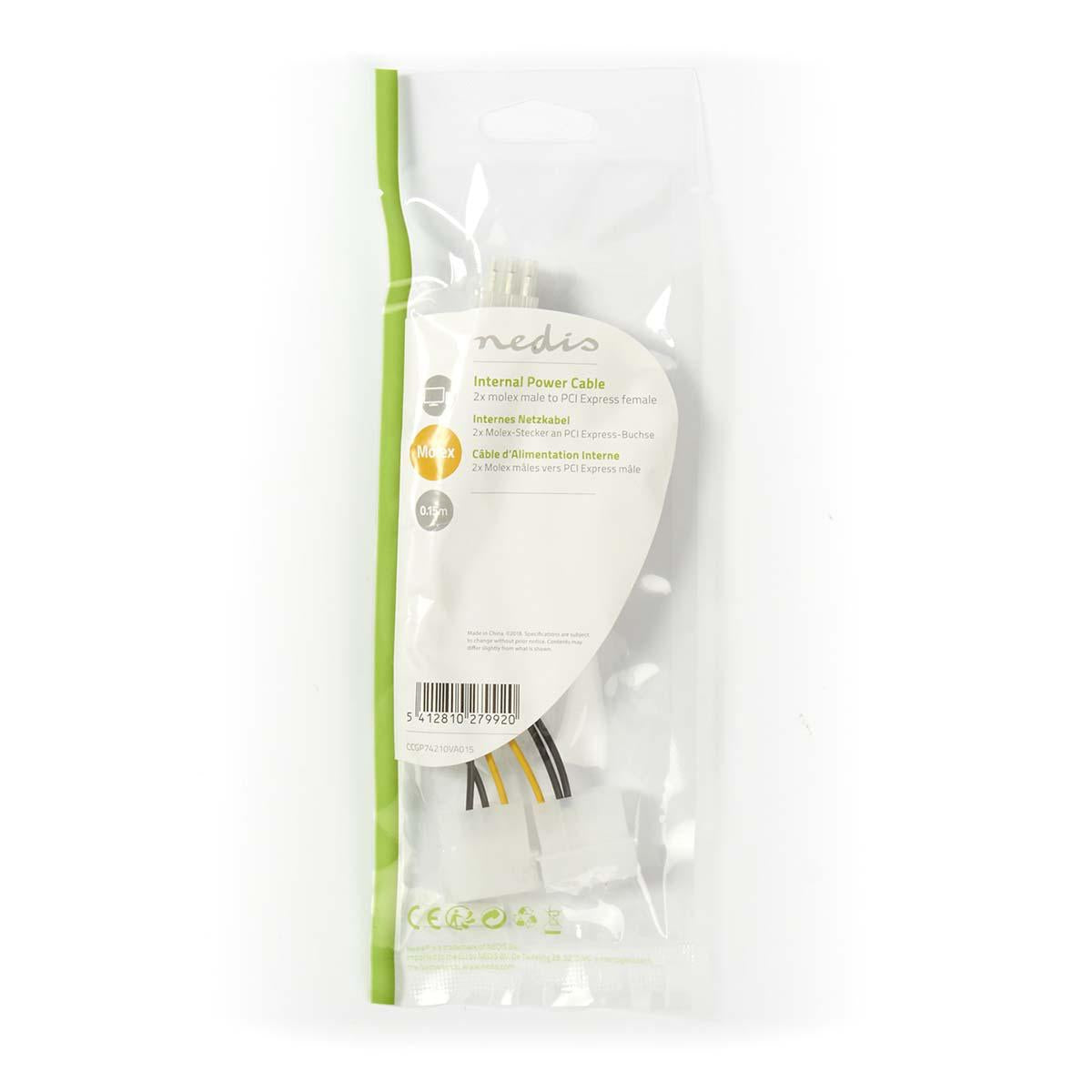 Internal Power Cable | 2x Molex Male | PCI Express Female | Gold Plated | 0.20 m | Round | PVC | Yellow / Black | Plastic bag