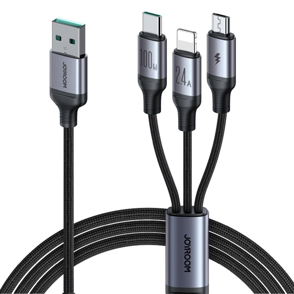 Joyroom 3-i-1 USB-A till Lightning, USB-C, Micro-USB, 100W, 1,2M - Svart