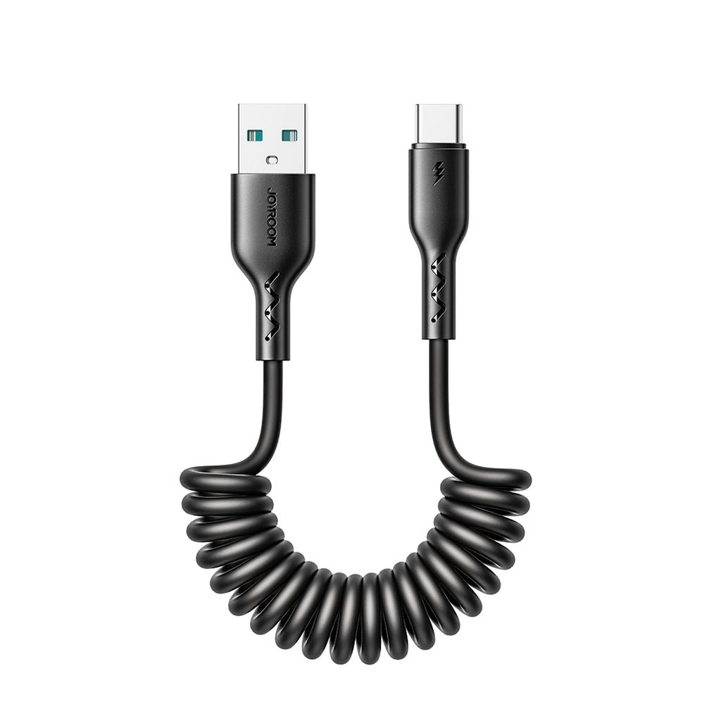 Joyroom 60W Coiled Fast Charging Data Cable for Car, USB-A to USB-C 1.5m - Black