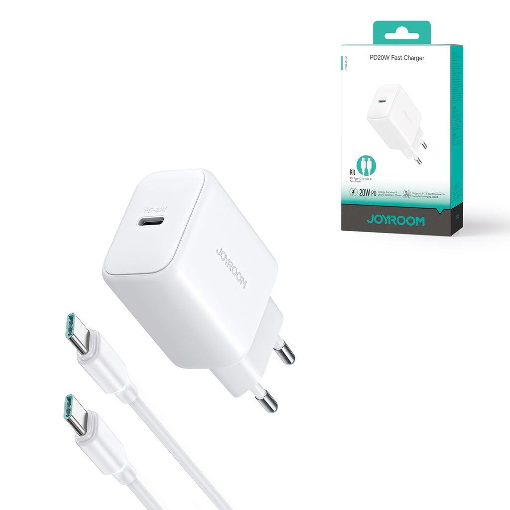 Joyroom PD 20W USB-C fast charger with 60W USB-C to USB-C cable, 1m - White