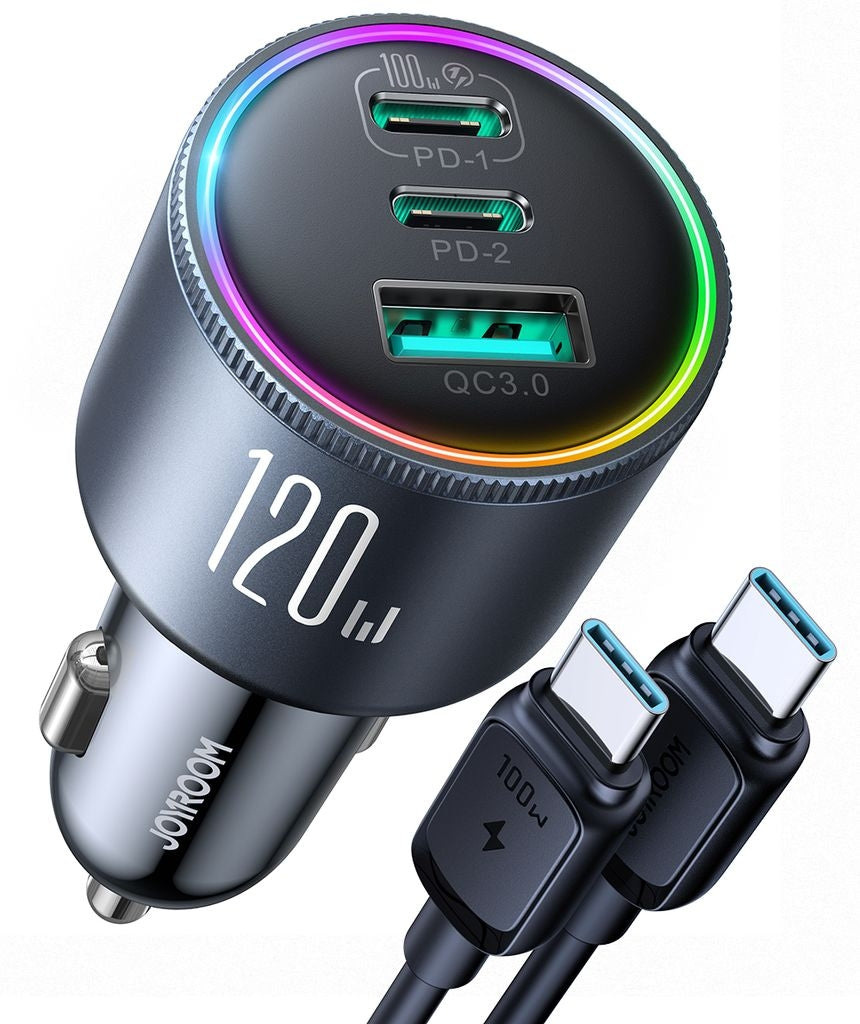 Joyroom car charger 120W, 2x USB-C, 1x USB-A, PD, QC3.0