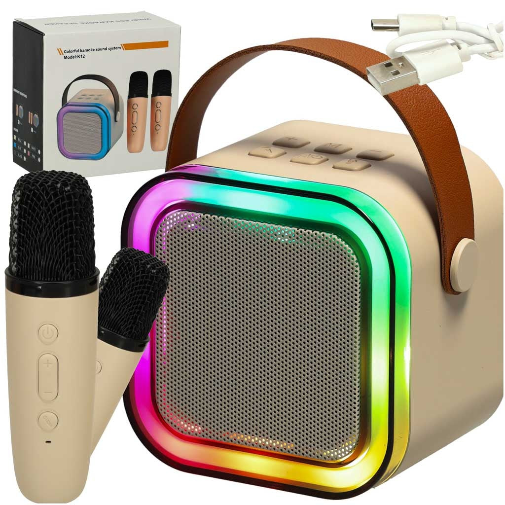 Karaoke set 2 microphones + portable speaker BLUETOOTH USB LED beige