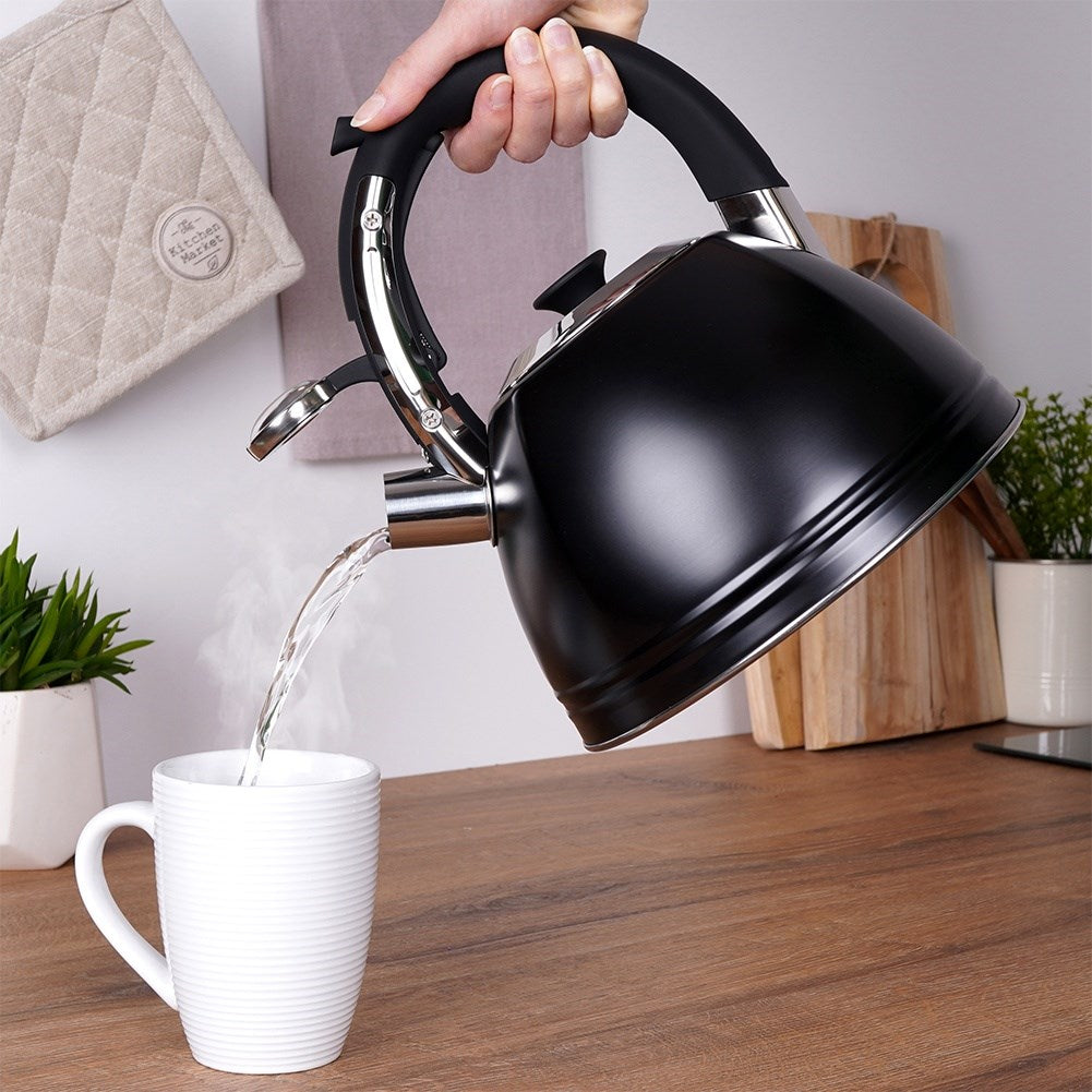 Kettle with whistle, steel, black, 2 l