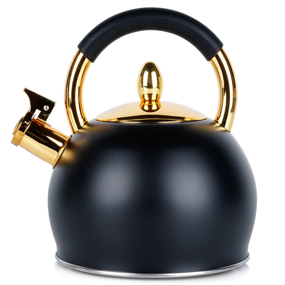 Kettle with whistle, steel, black, gold, 3 l