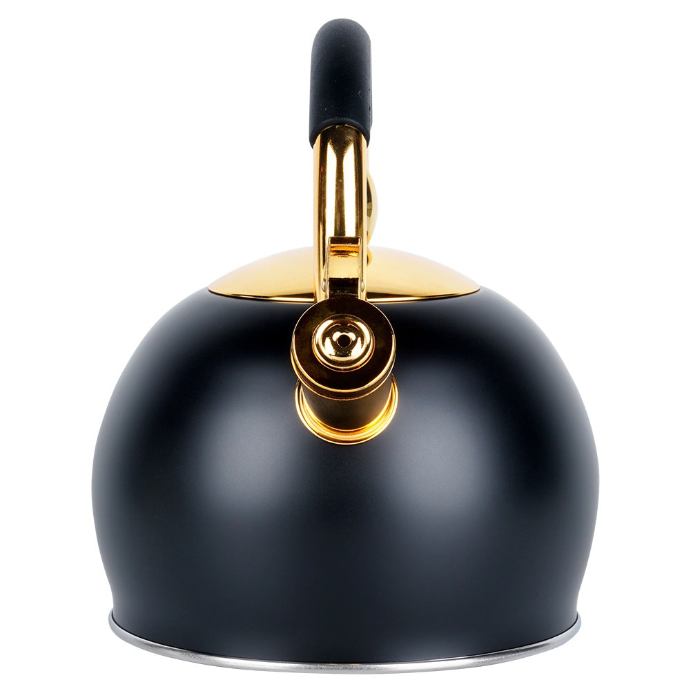 Kettle with whistle, steel, black, gold, 3 l