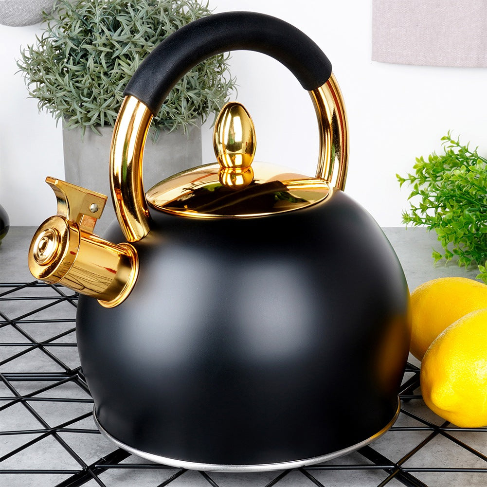 Kettle with whistle, steel, black, gold, 3 l