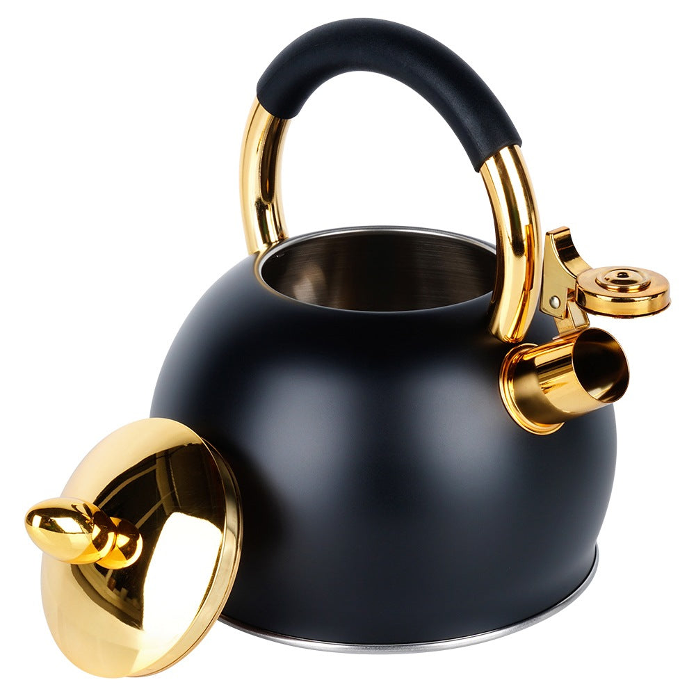 Kettle with whistle, steel, black, gold, 3 l