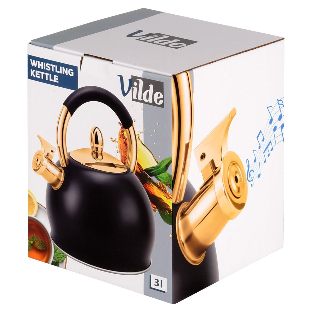 Kettle with whistle, steel, black, gold, 3 l