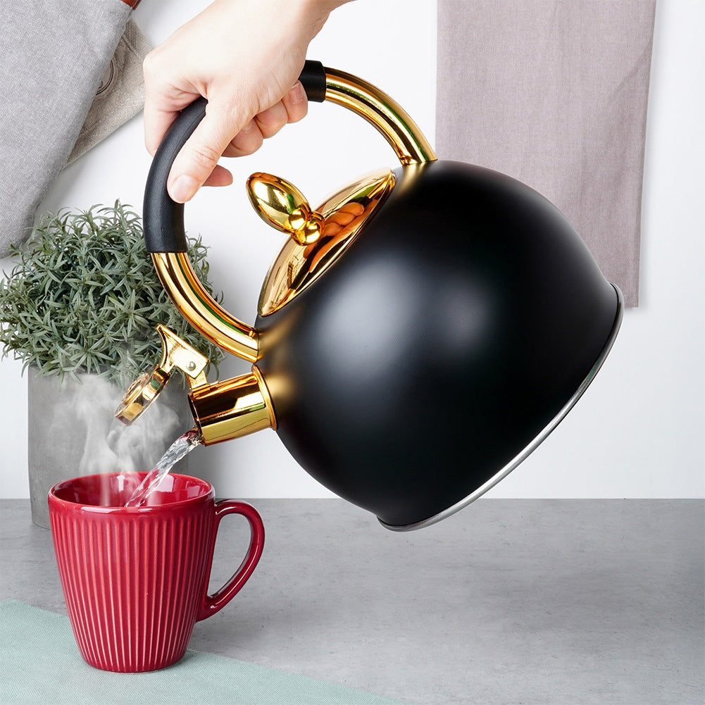Kettle with whistle, steel, black, gold, 3 l