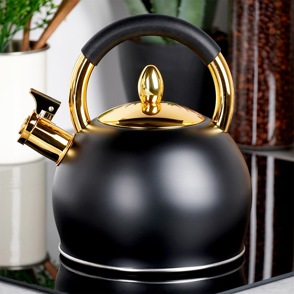 Kettle with whistle, steel, black, gold, 3 l