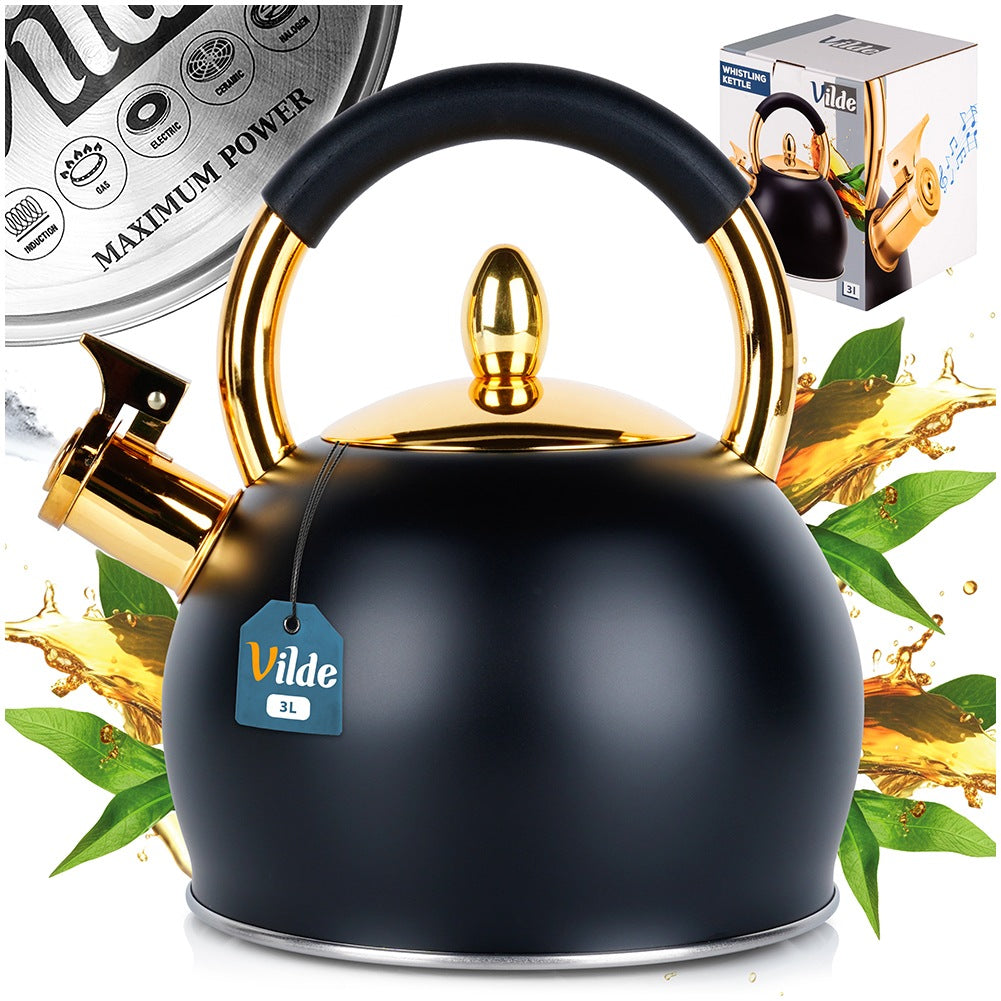 Kettle with whistle, steel, black, gold, 3 l