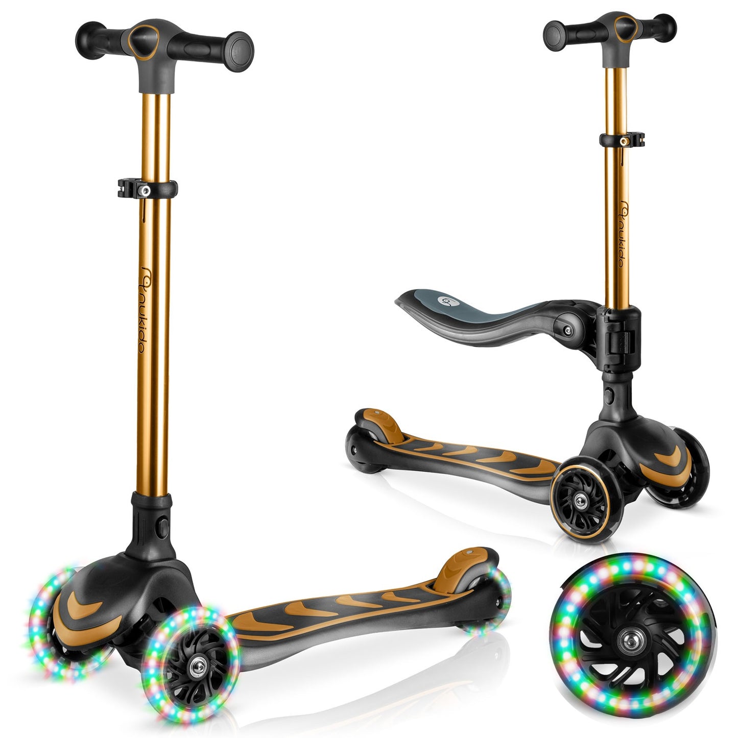 Kids' 3-Wheel Balance Scooter with Seat, Gold, LED Wheels
