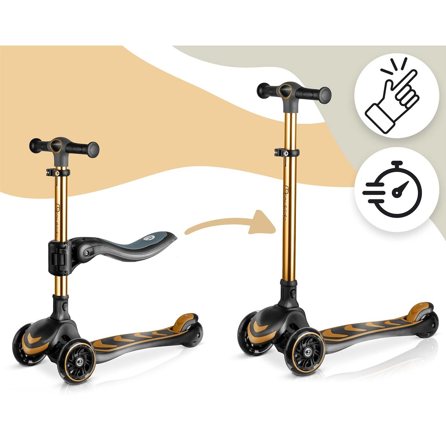 Kids' 3-Wheel Balance Scooter with Seat, Gold, LED Wheels