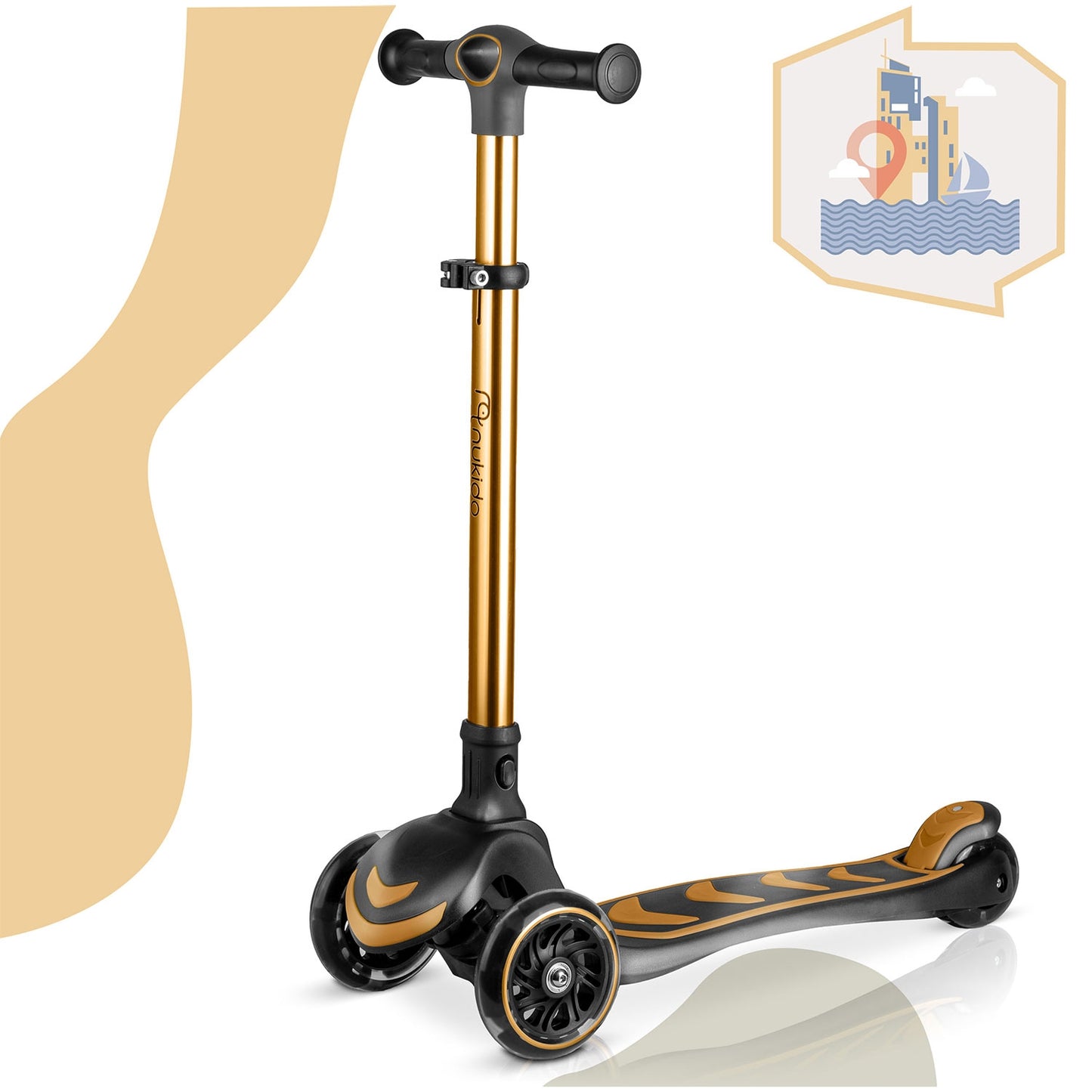 Kids' 3-Wheel Balance Scooter with Seat, Gold, LED Wheels