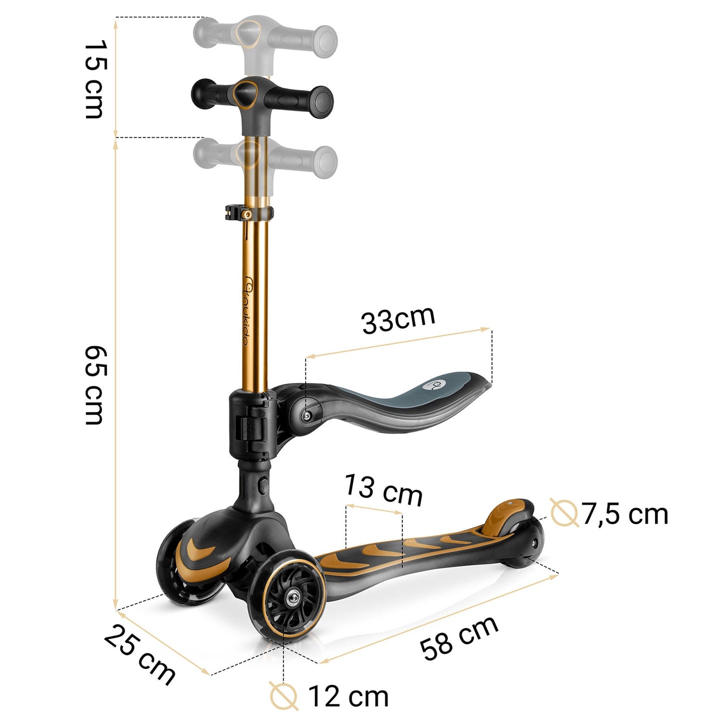 Kids' 3-Wheel Balance Scooter with Seat, Gold, LED Wheels
