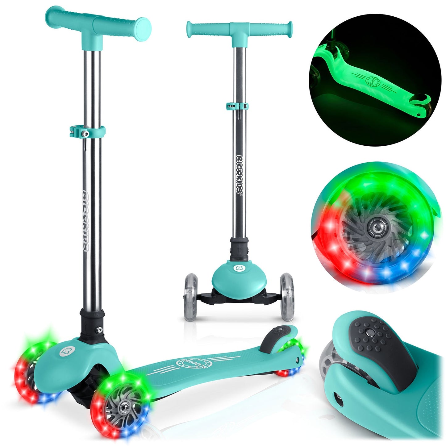 Kids' Glow-in-the-Dark 3-Wheel Balance Scooter, Turquoise