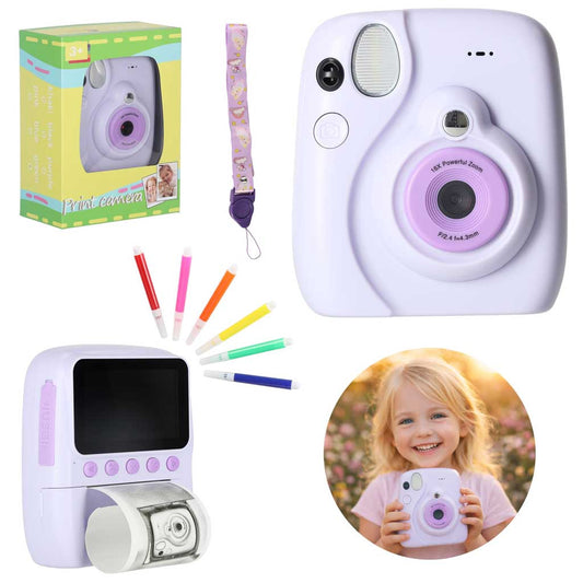 Kids Instant Print Camera, 16x Zoom, Markers, Purple