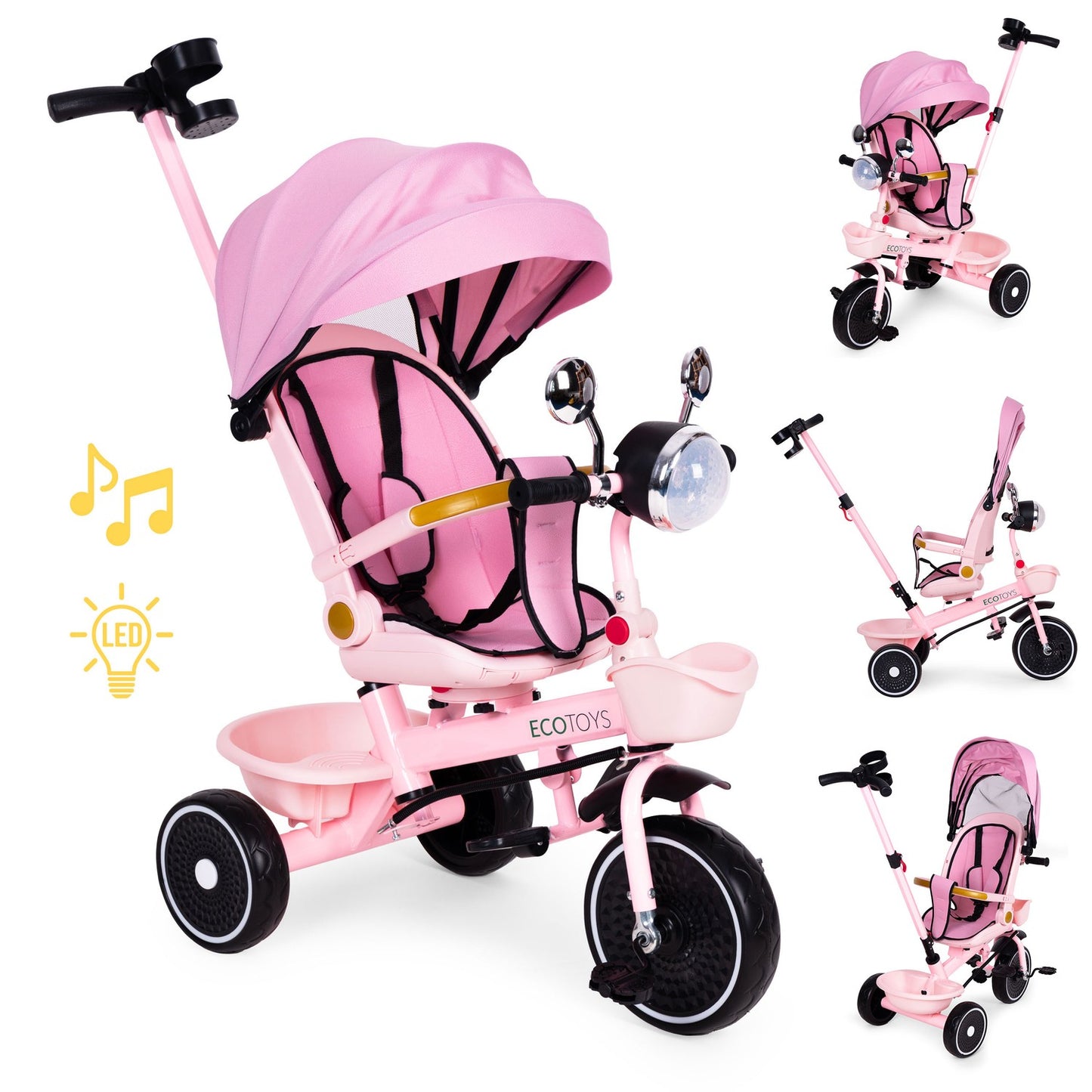 Kids Pink Tricycle Stroller with Rotating Seat