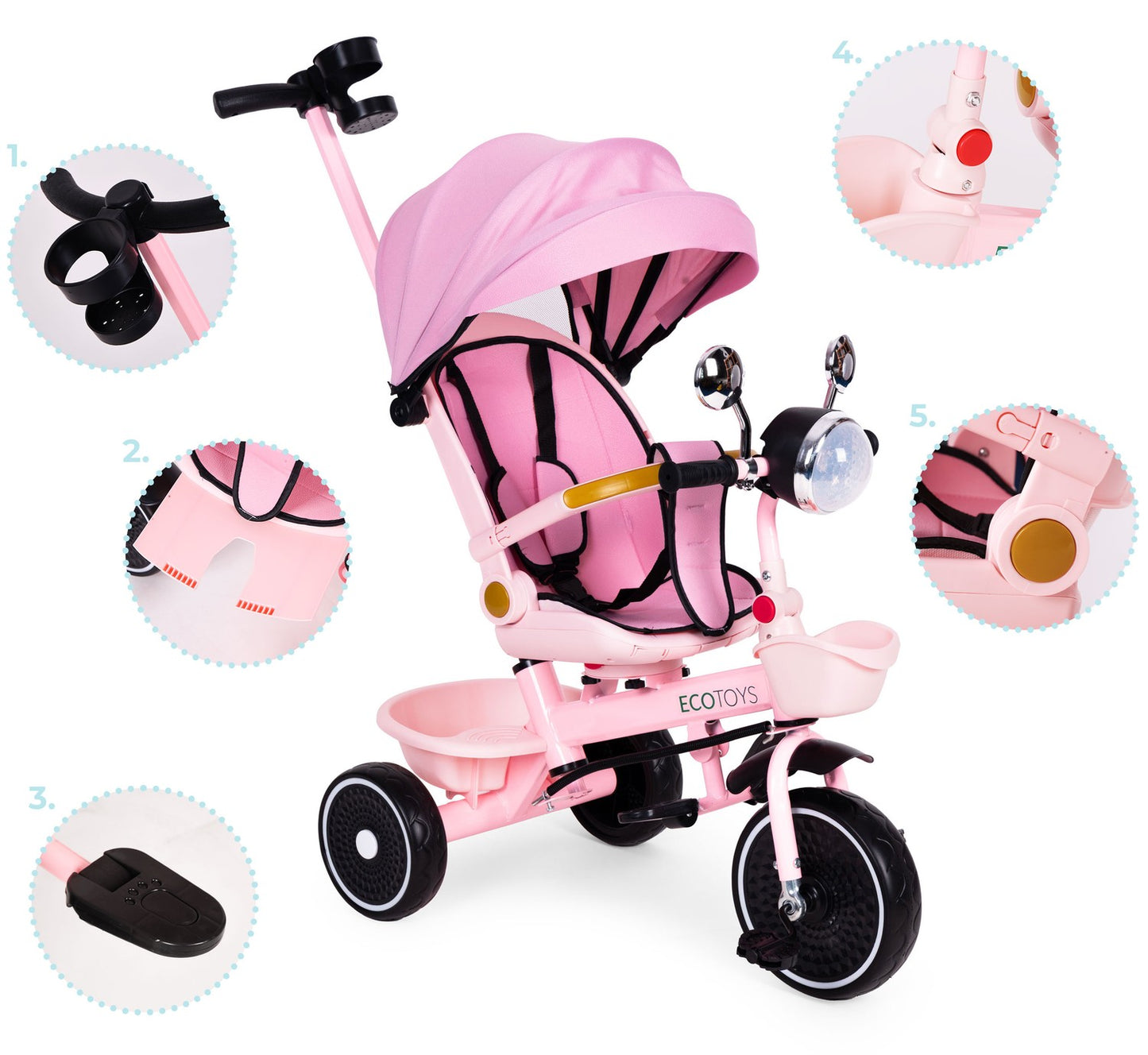 Kids Pink Tricycle Stroller with Rotating Seat