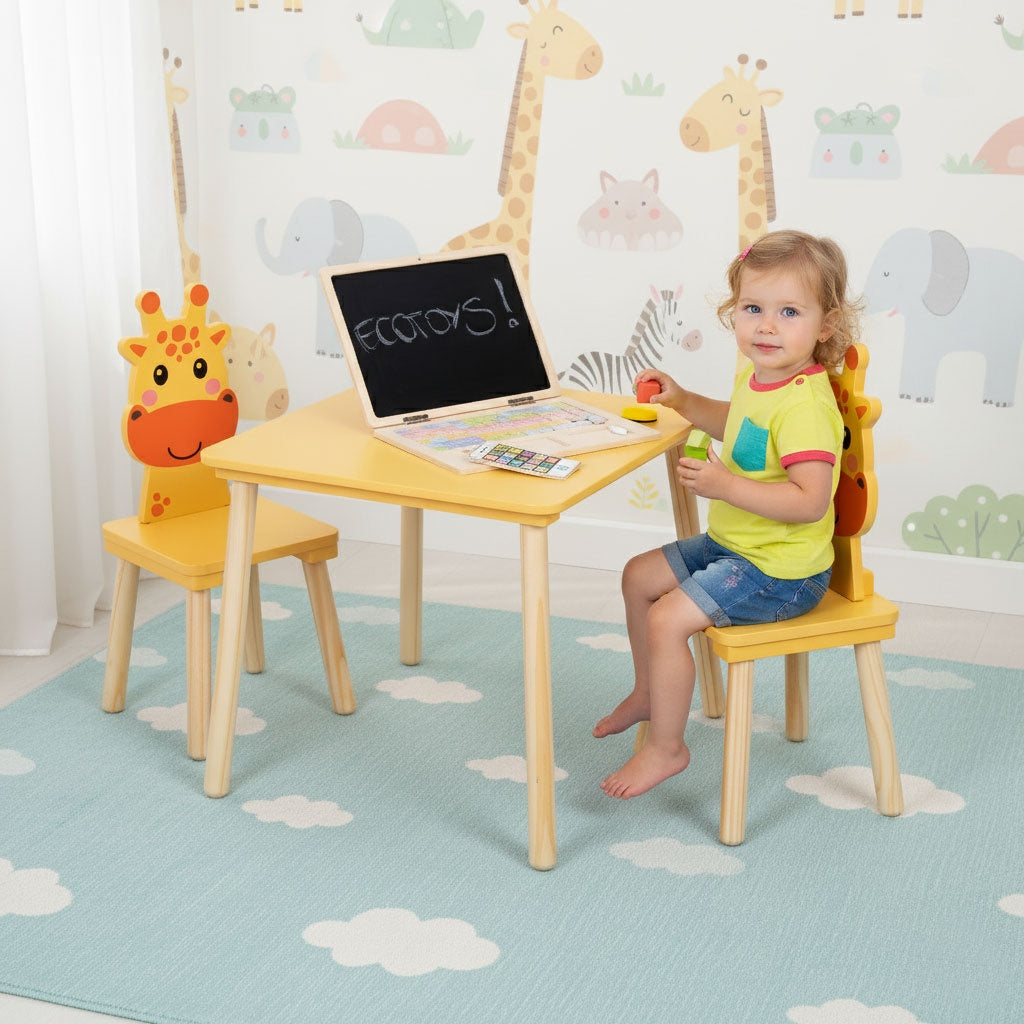 Kids Table and 2 Chairs Set with Giraffe Design