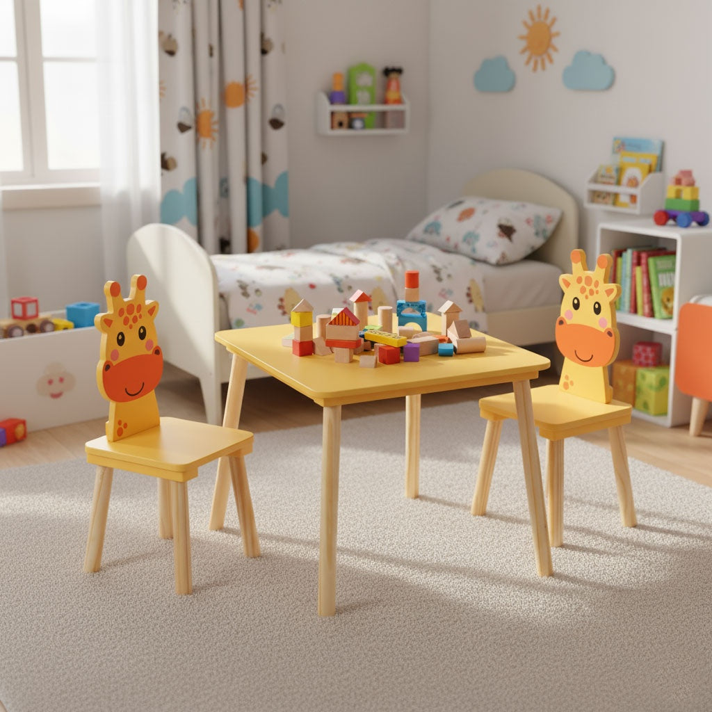 Kids Table and 2 Chairs Set with Giraffe Design