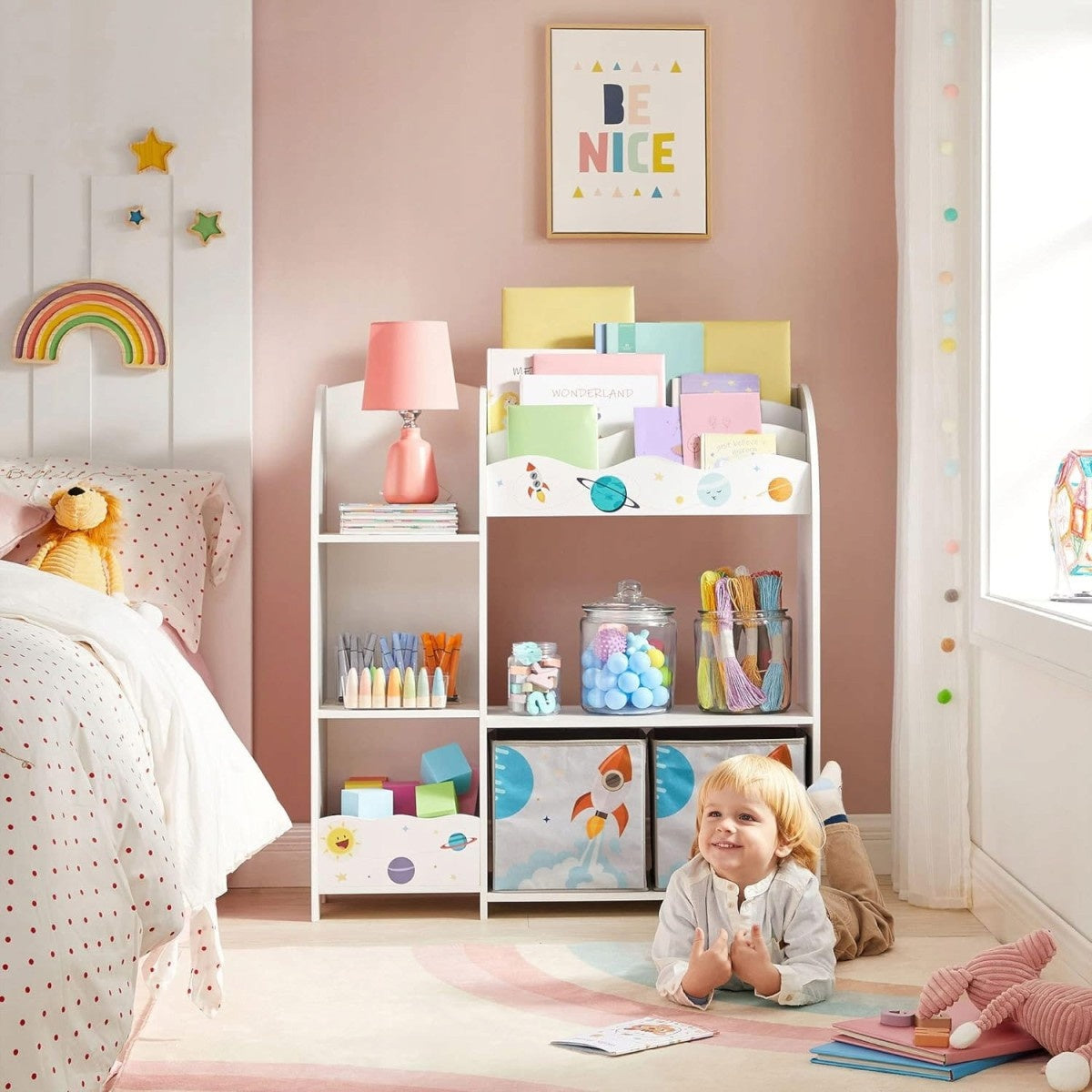 Kids Toy Storage Shelf – 5 Shelves, 2 Boxes, Book Slots