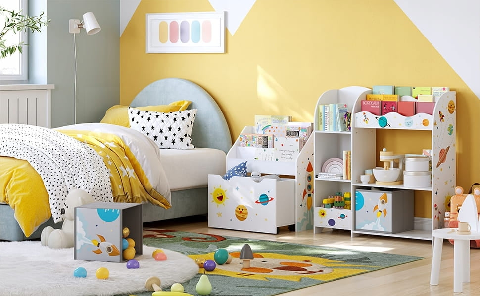 Kids Toy Storage Shelf – 5 Shelves, 2 Boxes, Book Slots
