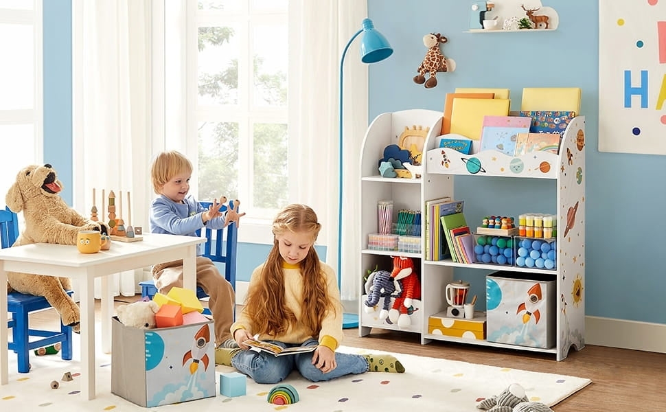 Kids Toy Storage Shelf – 5 Shelves, 2 Boxes, Book Slots