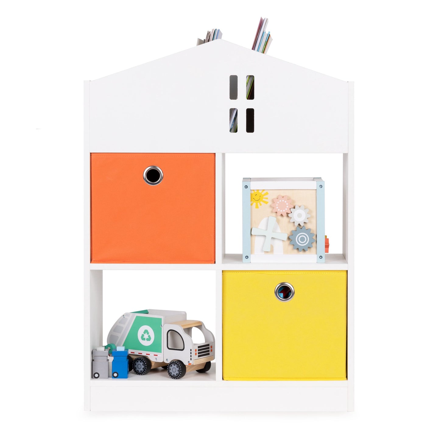 Kids Wooden Dollhouse Bookshelf with Bins and Shelves