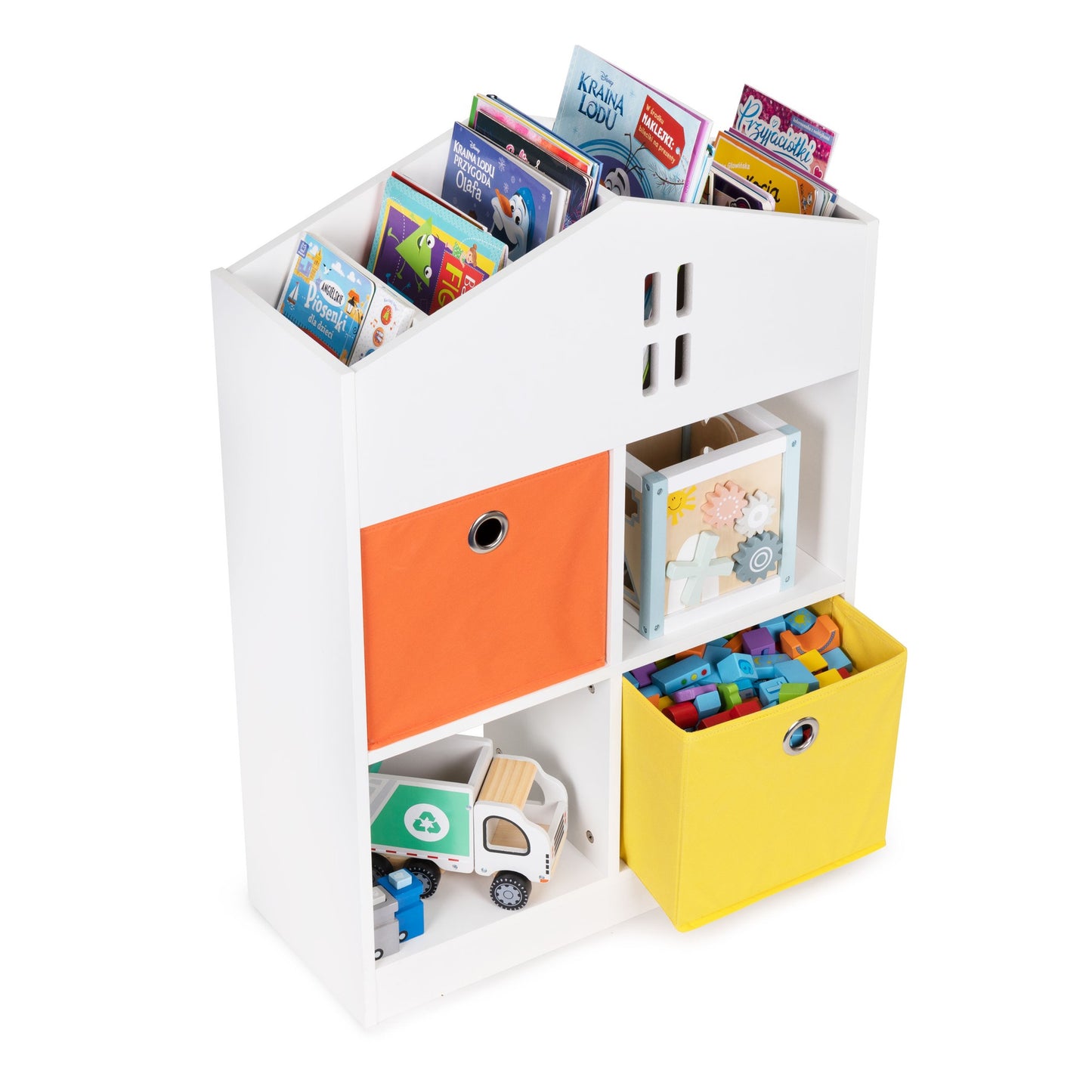 Kids Wooden Dollhouse Bookshelf with Bins and Shelves