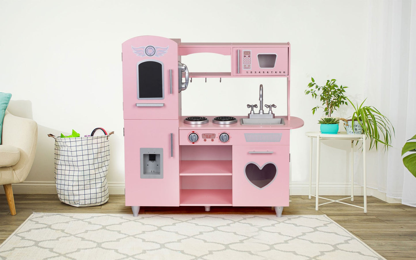 Kids Wooden Play Kitchen with Sound Effects, Pink